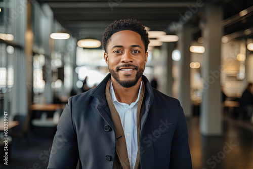 Portrait of a confident young businessman in a modern office reflecting ambition leadership and a positive work environment suitable for corporate promotional material or talent acquisition Black man