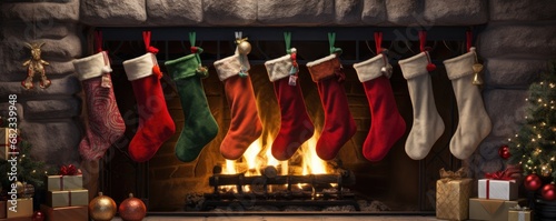 Christmas comfy fireplace with socks in living room with cookies and milk, panorama. Generative Ai.