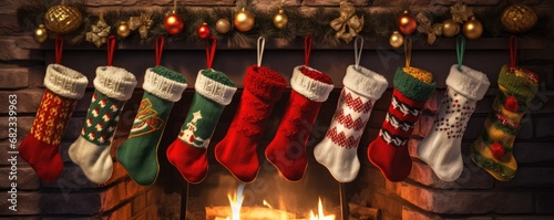 Christmas comfy fireplace with socks in living room with cookies and milk, panorama. Generative Ai. © annamaria