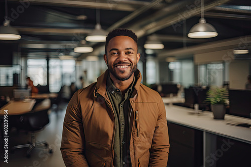 Smiling young African American male in a trendy brown jacket in modern office setting emphasizing success happiness and professional lifestyle suitable for corporate and creative industry