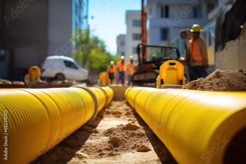 Pipe laying, yellow plastic pipeline. Generative AI photo