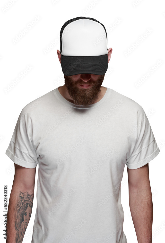 Man with beard wearing white blank t-shirt and a baseball cap isolated Man with beard wearing white blank t-shirt and a baseball cap isolated