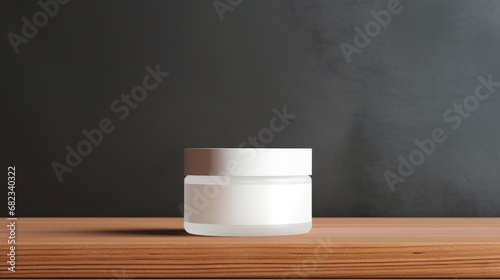 White Jar with a twist-on lid with a moisturizing cream for hands or face. Skin care. Modern grey bathroom design. Copy space mockup for logo design or text. Generative AI.