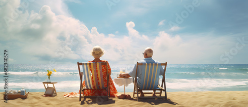 old man and old woman on vacation, back view, sitting on sun lounger chair right on the beach by the sea by the water