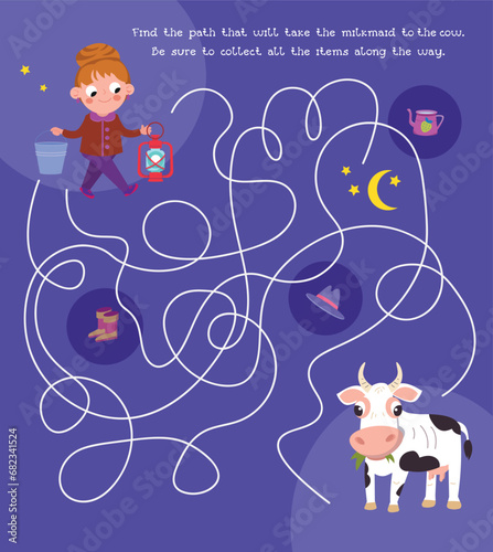 Maze game, activity for children. Puzzle for kids. Vector illustration. Cute characters. Find the path that will lead the milkmaid to the cow. 
