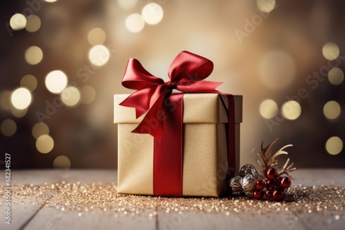  a gift box with a red ribbon and a christmas decoration on a wooden table with boke of lights behind it and a red ribbon on the top of the gift box.