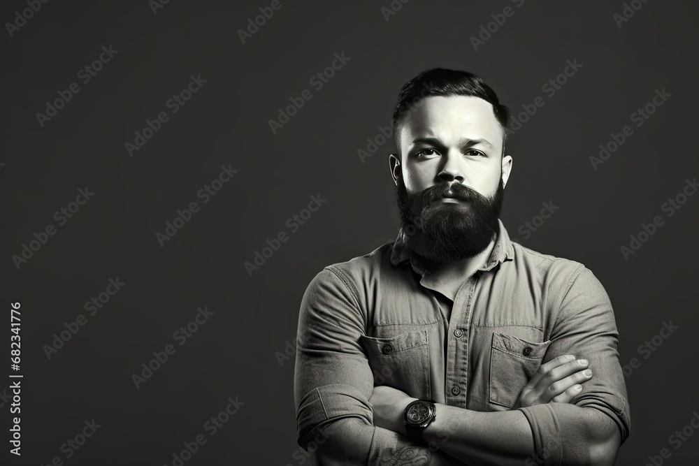 Obraz premium crossed arms him front looks guy background isolated toned, man bearded portrait length half white, Black