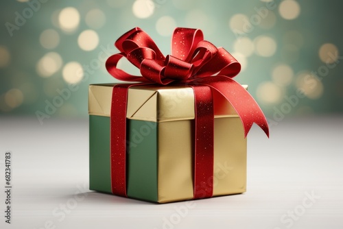  a gold and green gift box with a red ribbon and a bow on a white surface with a boke of lights in the backgroup of the background.