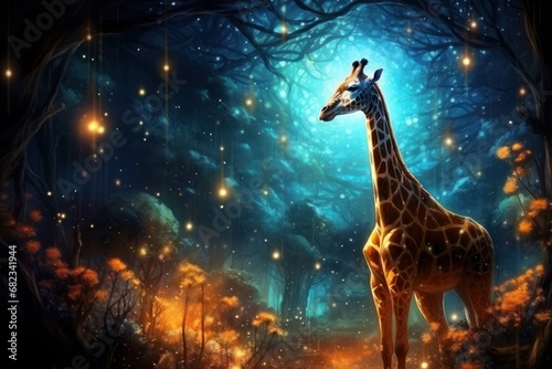  a painting of a giraffe standing in the middle of a forest at night with fireflies on the trees and a full moon in the sky in the background.