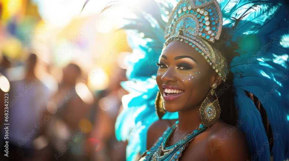 Radiant carnival queen in turquoise and gold smiles brightly, donning a majestic feathered headdress at the Rio Carnival. Radiant carnival queen in turquoise and gold smiles brightly, donning a majestic feathered headdress at the Rio Carnival.