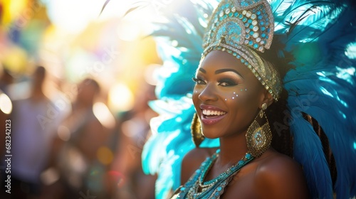 Radiant carnival queen in turquoise and gold smiles brightly, donning a majestic feathered headdress at the Rio Carnival. photo