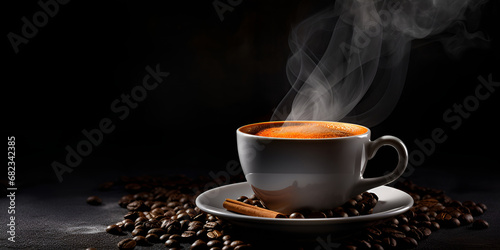 The Coffee Cup Steaming With Hot Coffee Beans And Coffee Beans Around Background. Aroma Awakening, Coffee Cup Releases Steam, Encircled by Coffee Bean Halo .