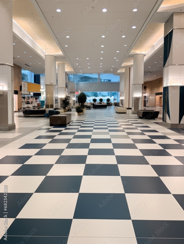  a black and white checkered floor in a large building with a clock on the side of the floor and a clock on the wall in the middle of the floor.
