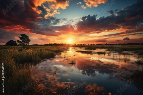  the sun is setting over a body of water with grass in the foreground and a few clouds in the sky over the water and grass in the foreground.