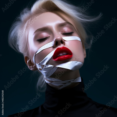 editorial image of woman model with a busted lip