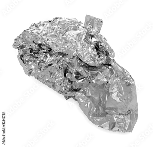 Crumpled piece of aluminum foil isolated on white, top view