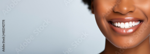 Banner perfect white teeth close up African American black girl, female toothy veneer smile, tooth whitening, dental care and stomatology, dentistry, copyspace for text, generative ai. photo