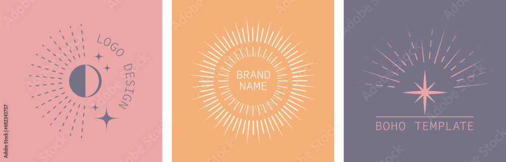 Abstract minimal geometric style sun moon posters. Bohemian logo design templates with sunburst, star, moon, light. Contemporary backgrounds, boho trendy star and sun cards. Abstract minimal geometric style sun moon posters. Bohemian logo design templates with sunburst, star, moon, light. Contemporary backgrounds, boho trendy star and sun cards.