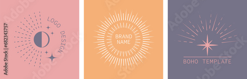 Abstract minimal geometric style sun moon posters. Bohemian logo design templates with sunburst, star, moon, light. Contemporary backgrounds, boho trendy star and sun cards.