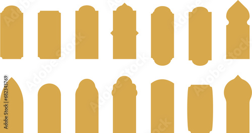 Arab windows template set. Oriental gold silhouette door design. Simple geometric mosque dome frames. Different arabian style architecture vector shape collection.
