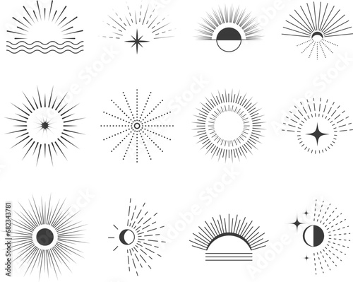 Sun, moon, star vector collection. Minimalistic linear sparkles of sun and stars. Spiritual sunburst elements. Boho style moon and sun. Hippy style solar tattoo. Galaxy, magic sunlight graphic set.