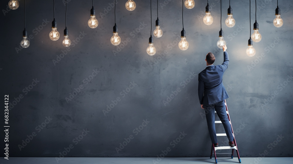 Man changing light bulb in hanging lamp at home, closeup - obrazy, fototapety, plakaty 