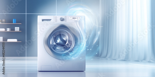 washing machine in a clean room with space for text, washing machine advertise banner concept photo