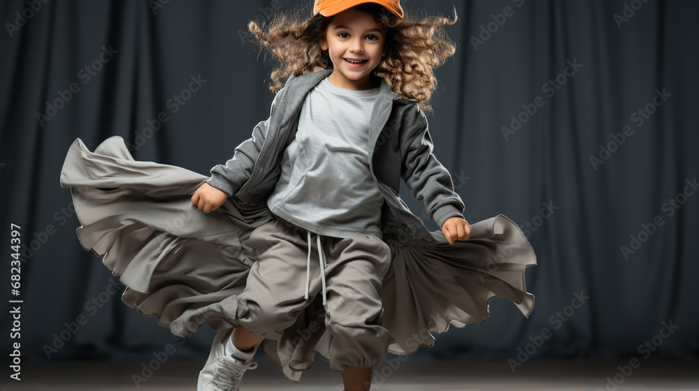 little break dancer showing his skills on grey background. Hip hop dancer kid performing isolated over dark background