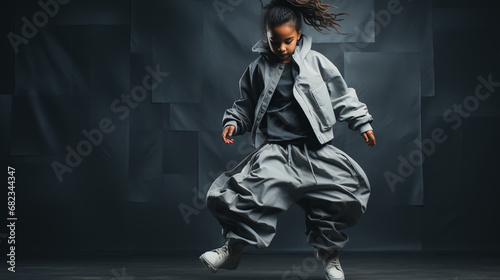 little break dancer showing his skills on grey background. Hip hop dancer kid performing isolated over dark background photo