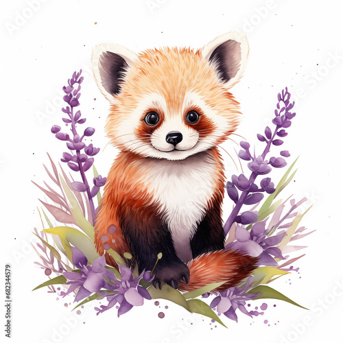 Panda vermelho fofo com plantas roxas isolado no fundo branco - Ilustração infantil © vitor