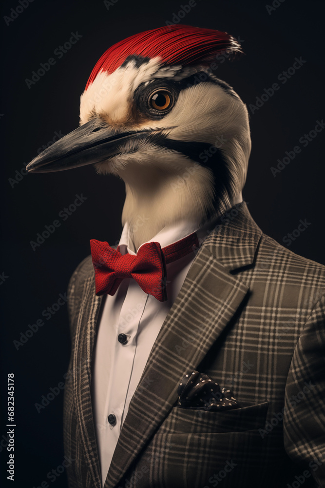 Pica-pau vestido com um terno elegante e uma bela gravata. Retrato fashion de um animal antropomórfico posando com uma atitude humana