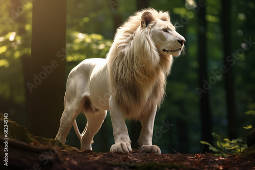 Leão branco majestoso selvagem na sombra da floresta verde - Papel de parede photo