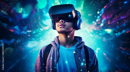 Young Man with VR Headset Engaged in Virtual Reality Exploring Vibrant Virtual Cosmos: Young Man with VR Headset Surrounded by Stars. Gaming and Futuristic Entertainment and VR Education Concept. © FILIP ROCH