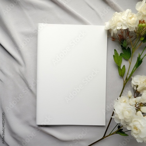 Blank paper on gray fabric, with white flowers mockup.