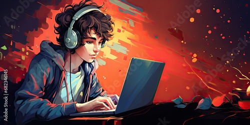 Young boy working on laptop in the dark room with neon lights. Gamer or programmer with headphones sitting at laptop on dark futuristic background. Computer entertainment. Online video game concpt photo