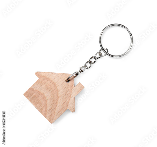 Tableau sur toile Wooden keychain in shape of house isolated on white, top view