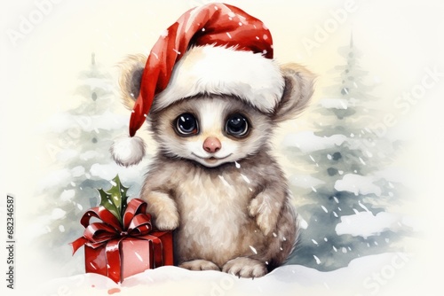  a painting of a baby animal wearing a santa hat and holding a red present box with a red ribbon around it's neck and sitting on a snow covered ground.
