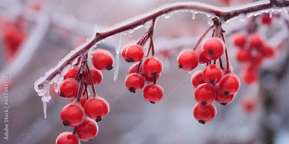Frozen red berries on the tree, winter cold weather Frozen red berries on the tree, winter cold weather