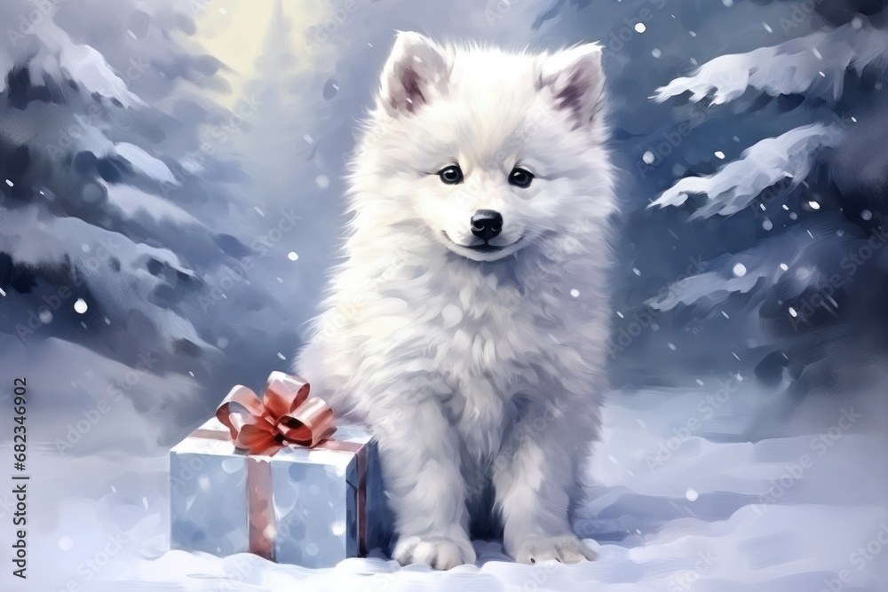 a painting of a white dog with a present in front of snow covered trees with snow falling on the ground and the dog has a red bow in front of it's paws. a painting of a white dog with a present in front of snow covered trees with snow falling on the ground and the dog has a red bow in front of it's paws.