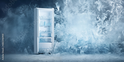 frozen fridge full of ice stand near iced wall, advertise banner concept background with space for text