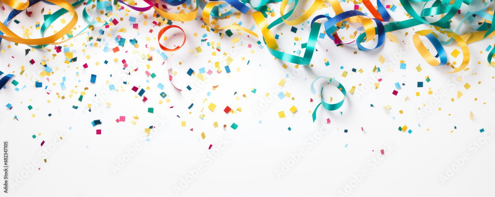 Banner with colored confetti and streamers isolated on white background for birthday party or New Year's festivities and copy space