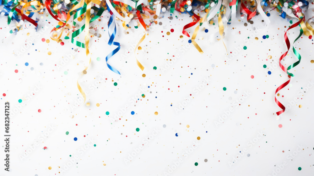 Background with colored confetti and streamers isolated on white background for birthday party or New Year's festivities and copy space Background with colored confetti and streamers isolated on white background for birthday party or New Year's festivities and copy space