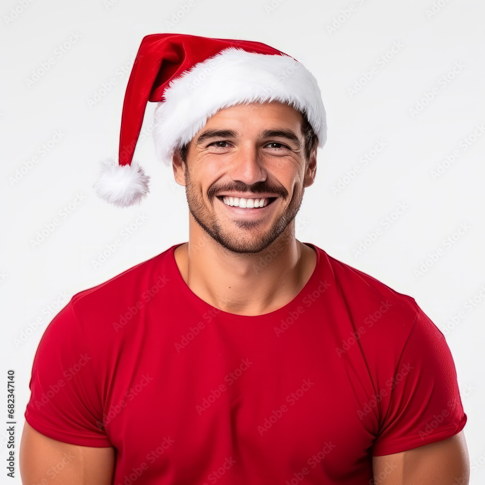 Portrait of an handsome guy with santa claus hat, sexy man with red outfit wearing Santa Claus hat, Christmas celebration isolated on white background Portrait of an handsome guy with santa claus hat, sexy man with red outfit wearing Santa Claus hat, Christmas celebration isolated on white background