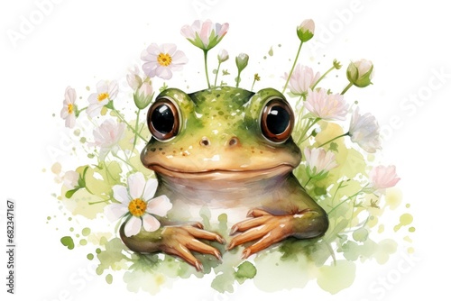  a watercolor painting of a frog with flowers on it s head and eyes  sitting in front of a white background with pink and green leaves and white flowers.