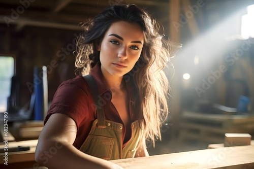 Young Caucasian female carpenter working in a woodworking workshop