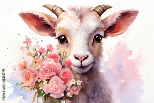  a painting of a goat with a bouquet of flowers in it's mouth and a watercolor painting of roses in front of it's face, on a white background.