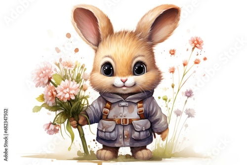  a painting of a rabbit holding a flower in it's hand and standing in front of a white background with a pink flower in it's foreground.