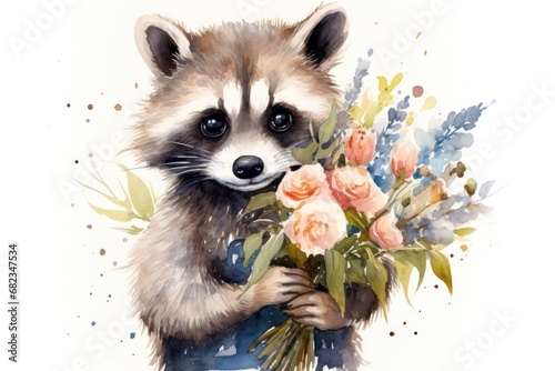  a painting of a raccoon holding a bouquet of flowers in it's right hand and looking at the camera with a surprised look on its left side.