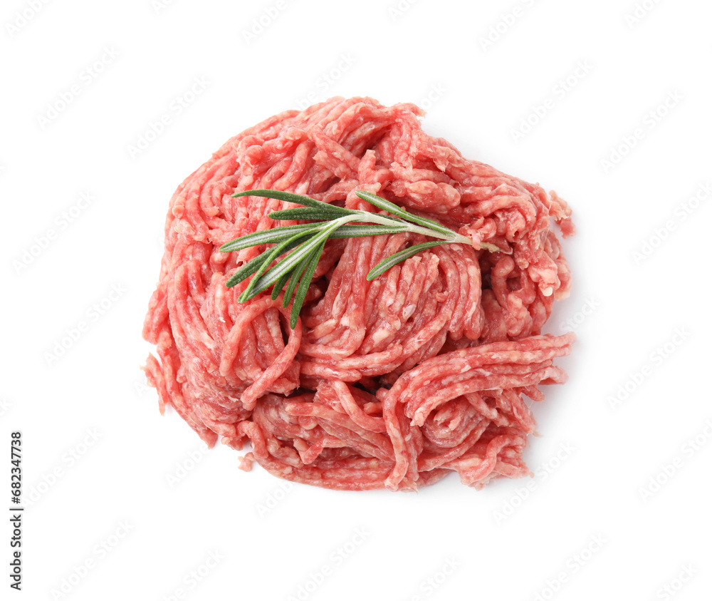 Pile of fresh raw ground meat and rosemary isolated on white, above view Pile of fresh raw ground meat and rosemary isolated on white, above view