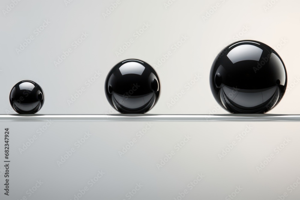 a group of three black balls sitting on top of a white surface with one black ball in the middle of the group and one black ball in the middle of the group. - obrazy, fototapety, plakaty 